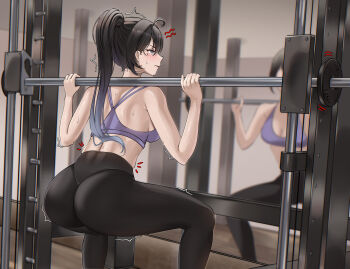  1girl ass barbell bare_shoulders black_hair black_leggings blue_eyes blush breasts choker commentary english_commentary exercising facial_mark facing_away heart heart_facial_mark highres leggings long_hair medium_breasts mirror mole mole_under_eye motion_lines nabi_(wonnikon) original parted_lips ponytail purple_sports_bra reflection smith_machine sports_bra sportswear squat_(exercise) squatting squiggle sweat wonnikon workout_clothes 