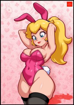  1girl armpits arms_behind_head artist_name blonde_hair blue_eyes breasts cleavage covered_navel curvy highres large_breasts leotard long_hair mario_(series) nintendo ponytail princess princess_peach rabbit_ears rabbit_tail red_lips sideboob solo wide_hips yularcher 