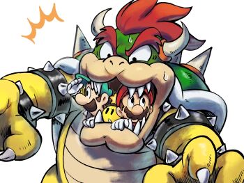  3boys :o ^^^ armlet black_collar black_eyes bowser bracelet brown_facial_hair brown_hair claws collar facial_hair gloves green_hat hand_on_another's_mouth hand_up hat highres horns jewelry looking_up luigi male_focus mario mario_&amp;_luigi:_bowser's_inside_story mario_&amp;_luigi_rpg mario_(series) multiple_boys mustache nintendo nostrils open_mouth person_in_mouth red_hair red_hat red_shirt shading_eyes sharp_teeth shirt short_hair spiked_armlet spiked_bracelet spiked_collar spiked_shell spikes star_(symbol) starlow surprised sweat teeth turtle_shell white_background white_gloves yamari_(ya_mari_6363) 
