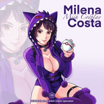  1girl artist_name bell black_collar black_hair breasts character_name cleavage collar commentary english_commentary fur-trimmed_thighhighs fur_trim gen_1_pokemon gengar gradient_hair heyreza.art holding holding_poke_ball hood hoodie jingle_bell large_breasts leotard miih_(cosplayer) multicolored_hair neck_bell nintendo o-ring o-ring_thigh_strap photo-referenced poke_ball pokemon premier_ball purple_hair purple_hoodie purple_leotard purple_lips purple_nails purple_thighhighs real_life red_eyes sitting smile solo thigh_strap thighhighs watermark zoom_layer 