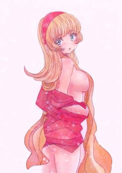  1girl blonde_hair blue_eyes breasts coat cyborg cyborg_009 francoise_arnoul hair_over_face hairband highres huge_breasts implied_nudity light_blush long_hair looking_at_viewer military_uniform open_mouth red_coat red_hairband sariokisu scarf soldier upper_body yellow_scarf 