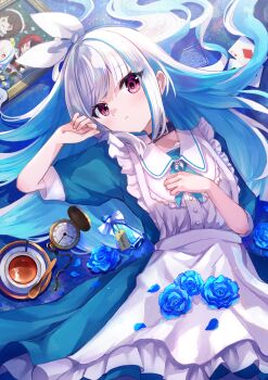  1girl alice's_adventures_in_wonderland apron blue_flower blue_rose bottle card commentary_request cup dress flower frilled_dress frills highres hime_cut lize_helesta long_hair lying multicolored_hair n3knp nijisanji pocket_watch purple_eyes rose spoon teacup virtual_youtuber watch white_apron 