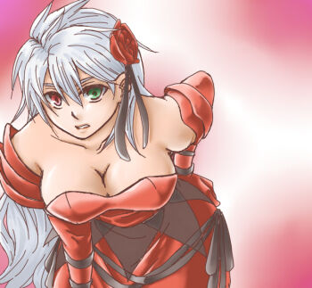  1girl arc_system_works bad_id bent_over blazblue bluerosekk breasts cleavage dress elbow_gloves female_focus flower gender_request genderswap gloves gradient_background green_eyes hair_ornament heterochromia long_hair ragna_the_bloodedge red_eyes red_gloves silver_hair solo 
