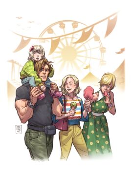  1boy 3girls bare_shoulders black_shirt blonde_hair blue_eyes bow bracelet carrying carrying_person commentary cotton_candy crocs denim dress eating emily_(resident_evil) english_commentary fanny_pack ferris_wheel floral_dress food grace_ashcroft green_dress green_pants green_sweater hair_bow highres holding holding_cotton_candy holding_food holding_ice_cream_cone ice_cream ice_cream_cone jeans jewelry leon_s._kennedy multiple_girls muscular muscular_male pants pink_shoes pixie_cut resident_evil resident_evil_requiem ron_chan sherry_birkin shirt shoes short_hair shoulder_carry striped_clothes striped_shirt sweater watch white_background wristwatch yellow_eyes 
