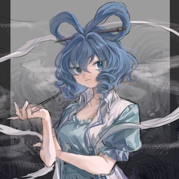  1girl 80isiiii blue_dress blue_hair closed_mouth dress drill_hair drill_sidelocks hagoromo hair_ornament hair_rings hair_stick highres holding holding_smoking_pipe kaku_seiga kiseru looking_at_viewer medium_hair open_clothes open_vest puffy_short_sleeves puffy_sleeves shawl short_sleeves sidelocks smoke smoking_pipe solo touhou upper_body vest white_shawl white_vest 