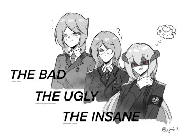  3girls ? armband armor artist_name black_armband breasts cross face_in_shadow futhark glasses gloves greyscale hammer_and_sickle hearts_of_iron hexagram highres horns iron_cross legarde1307 long_hair medium_breasts medium_hair military_uniform monochrome multiple_girls nazi necktie one_eye_covered pauldrons personification radiation_symbol red_eyes runes scar scar_on_face short_hair shoulder_armor speech_bubble star_of_david swastika the_fire_rises the_good_the_bad_and_the_ugly thought_bubble upper_body white_background 