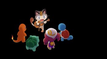  1girl absurdres acoustic_guitar animal_crossing animal_crossing:_new_horizons brown_hair bulbasaur charmander fangs female_protagonist_(pokemon_pokopia) fire flame-tipped_tail full_body gen_1_pokemon guitar hat highres holding holding_guitar holding_instrument instrument meowth music nintendo on_stool playing_guitar playing_instrument pokemoa pokemon pokemon_(creature) pokemon_focus pokemon_pokopia purple_shirt shirt shoes sitting smile squirtle starter_pokemon_trio stool tail twintails white_hat yellow_shoes 