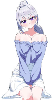  1girl absurdres bare_shoulders between_legs blue_shirt blush bow breasts closed_mouth collarbone commentary_request feet_out_of_frame frilled_shirt frills grey_hair hair_intakes hand_between_legs head_tilt high_ponytail highres ine_(vtuber) invisible_chair jewelry korean_commentary long_hair long_sleeves looking_at_viewer maji-tensi-lilpa medium_breasts mole mole_under_eye necklace off-shoulder_shirt off_shoulder partial_commentary pleated_skirt ponytail purple_eyes shirt simple_background sitting skirt smile solo v_arms virtual_youtuber waktaverse white_background white_skirt 