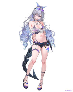  1girl adapted_costume arm_behind_back armpit_crease bare_shoulders bikini black_shorts blue_ribbon blush breasts cleavage collarbone commentary_request crop_top full_body goggles goggles_on_head gradient_hair grey_eyes grey_hair grin hair_between_eyes hair_ribbon hand_on_own_arm highres honkai:_star_rail honkai_(series) long_hair looking_at_viewer machi_(machi0910) mechanical_tail medium_breasts micro_shorts multicolored_hair navel open_fly panty_straps purple-tinted_eyewear purple_bikini ribbon shirt shorts silver_wolf_(honkai:_star_rail) silver_wolf_(lv.999)_(honkai:_star_rail) simple_background smile solo stomach streaked_hair sweat swimsuit tail thighs tied_shirt tinted_eyewear toes twitter_username wet white_background white_shirt 