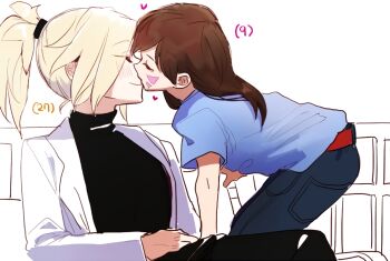 2girls age_difference belt black_pants black_sweater blonde_hair blue_pants blue_shirt blush brown_hair d.va_(overwatch) facial_mark highres kiss lab_coat mercy_(overwatch) multiple_girls mwo_imma_hwag overwatch pants ponytail shirt sitting sweater turtleneck turtleneck_sweater yuri