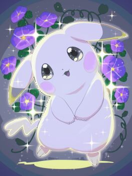  blue_eyes commentary_request flower gen_1_pokemon highres nintendo no_humans open_mouth peakychu pikachu pokemon pokemon_(creature) pokemon_focus pokemon_pokopia purple_flower runachikku smile solo twitter_username 