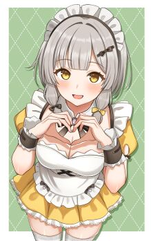  1girl :d absurdres apron argyle_background black_bow black_bowtie bow bowtie breasts cleavage collar commentary commission cowboy_shot detached_collar dress english_commentary frilled_apron frilled_dress frills green_background grey_hair hair_bow heart heart_hands highres indie_virtual_youtuber maid_apron maid_headdress medium_breasts multiple_hair_bows open_mouth pleated_dress puffy_short_sleeves puffy_sleeves second-party_source shee_icho short_hair short_sleeves skeb_commission smile solo surippa1010 thighhighs virtual_youtuber white_collar white_thighhighs wrist_cuffs yellow_bow yellow_dress yellow_eyes zettai_ryouiki 