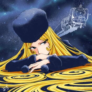  arm_rest black_capelet black_dress black_hat black_jacket blonde_hair brown_eyes capelet coat colored_skin commentary_request covering_own_mouth curly_hair drawstring dress eyelashes floating_hair funeral_dress fur-trimmed_capelet fur-trimmed_coat fur-trimmed_dress fur-trimmed_jacket fur_hat fur_trim ginga_tetsudou_999 hat highres jacket locomotive long_hair lying maetel oicchikun papakha pom_pom_(clothes) signature sky space star_(sky) star_(symbol) star_in_eye starry_sky starry_sky_background steam_locomotive symbol_in_eye thick_eyelashes three-nine_(ginga_tetsudou_999) train turtleneck very_long_hair wavy_hair white_skin 