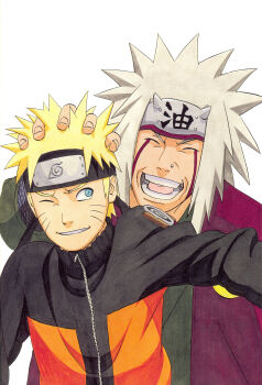  2boys absurdres black_jacket blonde_hair blue_eyes closed_eyes facial_mark forehead_protector grey_hair highres jacket jiraiya_(naruto) kishimoto_masashi konohagakure_symbol multicolored_jacket multiple_boys naruto_(series) naruto_shippuuden official_art one_eye_closed open_mouth orange_jacket short_hair teeth two-tone_jacket upper_body uzumaki_naruto whisker_markings 
