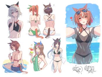  6+girls absurdres adjusting_clothes adjusting_swimsuit agnes_digital_(umamusume) animal_ears ass bare_arms bare_back bare_shoulders bikini black_bikini black_dress blush bow breasts brown_hair character_request cleavage cleavage_cutout clothing_cutout curren_chan_(umamusume) denim denim_shorts dress drink ear_covers eyewear_on_head from_behind green_bikini green_bow green_eyes green_one-piece_swimsuit green_ribbon grin hair_between_eyes hair_bow hair_ribbon hand_on_own_neck highres holding holding_drink horse_ears horse_girl horse_tail kimchi_(user_mpzz8457) king_halo_(umamusume) large_breasts long_hair looking_at_viewer mejiro_dober_(umamusume) multicolored_hair multiple_girls ocean one-piece_swimsuit one_eye_closed open_mouth orange_hair pink-tinted_eyewear ponytail purple_eyes reaching reaching_towards_viewer red_bikini red_eyes ribbon sakura_laurel_(umamusume) see-through_clothes see-through_dress short_hair short_shorts shorts sidelocks silence_suzuka_(umamusume) smile special_week_(umamusume) still_in_love_(umamusume) sunglasses swimsuit t-head_trainer_(umamusume) tail tinted_eyewear trainer_(umamusume) two-tone_hair umamusume v white-framed_eyewear white_bikini white_hair 