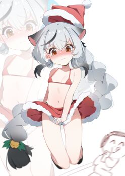  1boy 1girl :q alternate_costume alternate_hairstyle animal_ears aqua_halo bell bikini blue_archive blush braid brown_eyes cellphone closed_eyes closed_mouth cocokawa_(cjsj8353) collarbone covering_privates doodle_sensei_(blue_archive) embarrassed flat_chest full-face_blush full_body grey_hair groin hair_bell hair_between_eyes hair_ornament halo hat highres holding holding_phone jumping kokona_(blue_archive) loli long_hair looking_at_viewer low-tied_long_hair low_ponytail micro_bikini miniskirt motion_blur multicolored_hair navel no_panties phone ponytail red_bikini red_skirt santa_costume santa_hat sensei_(blue_archive) sidelocks simple_background single_braid skirt solo_focus stomach streaked_hair swimsuit tearing_up tiger_ears tiger_girl tongue tongue_out two-tone_hair zoom_layer 