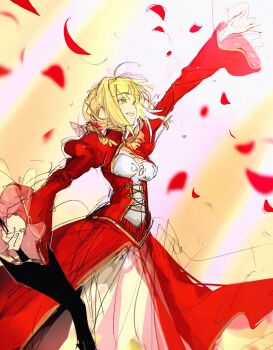  1girl ahoge arm_up blonde_hair bow braid braided_bun breasts cleavage_cutout clothing_cutout cowboy_shot dress epaulettes fate/extra fate_(series) green_eyes hair_between_eyes hair_bow hair_bun highres holding holding_sword holding_weapon juliet_sleeves long_sleeves looking_at_viewer looking_up medium_breasts nero_claudius_(fate) nero_claudius_(fate/extra) panties pantyshot petals puffy_sleeves red_bow red_dress short_hair sidelocks simple_background single_braid sketch sksk_sn09 smile solo standing sunlight sword teeth two-tone_dress underwear weapon white_dress white_panties wide_sleeves yellow_background 