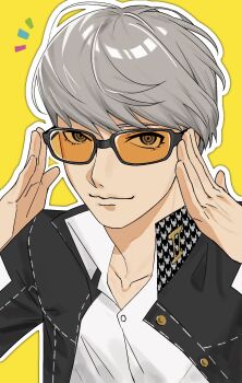  1boy black-framed_eyewear black_jacket catfish05 closed_mouth collared_shirt commentary glasses grey_eyes grey_hair hands_on_eyewear highres houndstooth jacket looking_at_viewer male_focus narukami_yu orange-tinted_eyewear persona persona_4 school_uniform shirt short_hair simple_background solo symbol-only_commentary tinted_eyewear upper_body white_shirt yasogami_school_uniform yellow_background 