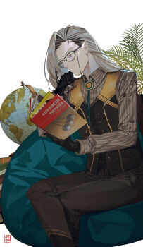  1boy bean_bag_chair black_gloves black_hair black_pants black_vest bolo_tie book book_stack collared_shirt comb_over crossed_legs eyewear_strap feet_out_of_frame glasses globe gloves grey_hair grey_shirt hair_behind_ear hand_on_own_chin highres holding holding_book holostars holostars_english long_hair male_focus manga_(object) multicolored_hair noir_vesper pants pinstripe_pattern pinstripe_shirt plant pointy_ears purple_eyes reading sen-jou shirt sitting smile streaked_hair textbook vest virtual_youtuber white_background  rating:General score:1 user:danbooru