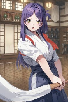  1girl black_hakama commentary_request cowboy_shot hakama high_school_fleet highres holding holding_polearm holding_weapon indoors japanese_clothes kimono long_hair marikouji_kaede naginata one_side_up open_mouth polearm purple_hair solo standing tamura_ten tasuki weapon white_kimono wooden_floor yellow_eyes 