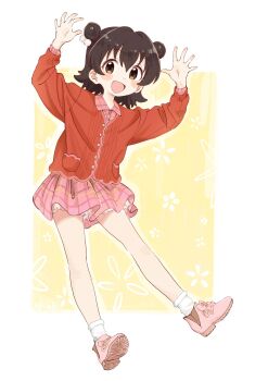  1girl absurdres akagi_miria arms_up artist_name black_hair brown_eyes cardigan commentary_request double_bun dress hair_bun hair_ornament highres idolmaster idolmaster_cinderella_girls idolmaster_cinderella_girls_u149 long_sleeves looking_at_viewer nf_kb pink_dress pink_shoes plaid_clothes plaid_dress pom_pom_(clothes) pom_pom_hair_ornament red_cardigan shoes short_hair simple_background socks solo white_socks 