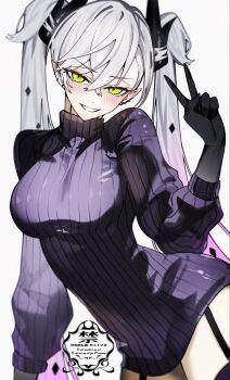  1girl black_hands black_sweater black_thighhighs blush breasts colored_extremities commentary_request crossed_bangs demon_girl demon_horns ear_piercing fate/grand_order fate_(series) garter_straps green_eyes grey_hair grin hair_between_eyes highres horns kabosoi_mangaka large_breasts lilith_(fate) long_hair long_sleeves looking_at_viewer piercing pointy_ears ribbed_sweater smile solo sweater thighhighs turtleneck turtleneck_sweater twintails very_long_hair  rating:Sensitive score:0 user:danbooru