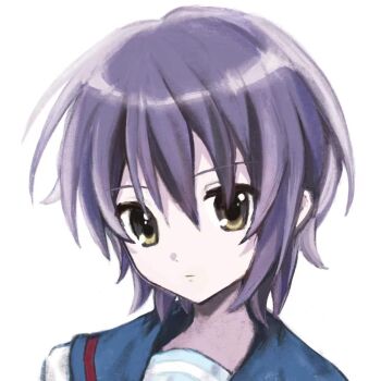  1girl 545s_(user_azfy2553) blue_sailor_collar closed_mouth commentary expressionless kita_high_school_uniform looking_at_viewer nagato_yuki portrait purple_hair sailor_collar school_uniform serafuku short_hair simple_background solo suzumiya_haruhi_no_yuuutsu white_background yellow_eyes 