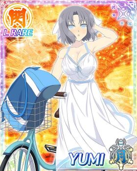  1girl :o arm_up bag bicycle bicycle_basket blue_eyes blush border bow breasts card_(medium) character_name cleavage dress duffel_bag game_cg grey_hair hair_bow large_breasts looking_at_viewer medium_hair official_art senran_kagura senran_kagura_new_wave solo striped_bow sundress third-party_source white_bow white_dress yumi_(senran_kagura) 