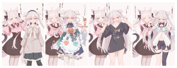 absurdres ahoge animal_ear_fluff animal_ears apron aqua_eyes beret black_hat black_shorts black_thighhighs blue_neckerchief bow bowtie braid chamomile_(kazumasa) clothing_cutout commentary_request cosplay detached_sleeves food frilled_skirt frills front_slit green_skirt grey_hair hair_ribbon hat highres hip_vent hololive jirai_kei layered_skirt long_hair long_sleeves loungewear maid multicolored_tail naila_(shirakami_fubuki) neckerchief parfait pentagram pink_shirt pointy_ears red_eyes ribbon shanghai_neckline shirakami_fubuki shirakami_fubuki_(1st_costume) shirakami_fubuki_(cosplay) shirakami_fubuki_(loungewear) shirakami_fubuki_(street) shirakami_fubuki_(waitress) shirt short_shorts shorts side-tie_shirt sidelocks single_braid single_thighhigh skirt t-shirt tail thigh_strap thighhighs translation_request tray twintails two-tone_tail two_side_up very_long_hair waist_bow white_bow white_bowtie white_burinyan white_sleeves 
