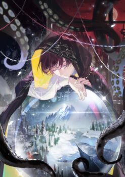  1boy absurdres beads black_cape black_cloak black_hair building cape chinese_commentary cloak closed_eyes closed_mouth commentary_request crystal_ball highres hood hooded_cloak klein_moretti leaning_on_object long_sleeves lord_of_the_mysteries male_focus moon night pine_tree red_sky shirt short_hair sky snow_globe solo tentacles tentacles_under_clothes tree two-sided_cloak two-sided_fabric watermark white_shirt window zaochuanjian 