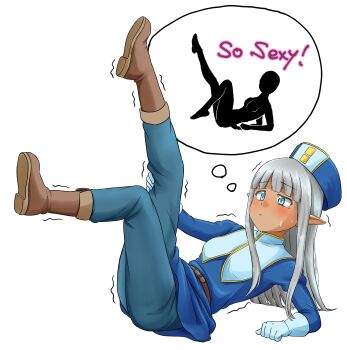  1girl :t absurdres blue_dress blue_eyes blue_hat blue_pants blunt_bangs blush boots brown_boots closed_mouth dark-skinned_female dark_elf dark_skin dress elf full_body gloves grey_hair hat highres karla_(kono_healer_mendokusai) kono_healer_mendokusai legs_up long_hair long_sleeves looking_at_viewer mitre official_art pants pointy_ears reclining shaking solo speech_bubble tannen_ni_hakkou thought_bubble white_background white_gloves 