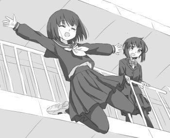  2girls :o ^_^ arm_support blazer blouse blush bob_cut bow bowtie closed_eyes dutch_angle facing_viewer floating_hair from_below full_body greyscale hand_on_railing happy high-waist_skirt jacket jumping leaning_forward legs_apart legs_up looking_down midriff_peek miniskirt monochrome multiple_girls neckerchief open_hands open_mouth original outstretched_arms pantyhose pleated_skirt railing rooftop sailor_collar school_uniform serafuku shirt shoe_soles shoes short_hair skirt smile spread_arms standing straight_hair suicide surprised uwabaki yuyuzuki_(yume_usagi)  rating:Sensitive score:28 user:danbooru