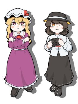 2girls :/ black_hat black_shoes black_skirt bow bowtie brown_eyes camera collared_dress commentary_request contrast_collar crossed_arms dress frilled_dress frills full_body hat hat_ribbon highres holding holding_camera long_hair long_skirt long_sleeves maribel_hearn medium_hair mob_cap multiple_girls one_eye_closed purple_dress purple_eyes red_bow red_bowtie red_ribbon ribbon ribbon-trimmed_dress ribbon-trimmed_skirt ribbon_trim sannkannshion shadow shirt shoes skirt smile standing touhou usami_renko white_background white_hat white_shirt 