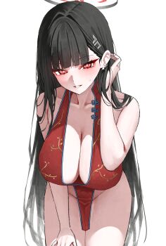  1girl absurdres alternate_costume bare_shoulders black_hair blue_archive blush breasts bright_pupils cleavage collarbone commentary dress ear_piercing hair_ornament hairclip halo hand_up highres kono_(xerondan321) large_breasts long_hair looking_at_viewer paid_reward_available parted_lips pelvic_curtain piercing red_dress red_eyes rio_(blue_archive) simple_background smile solo thighs variant_set white_background white_pupils 