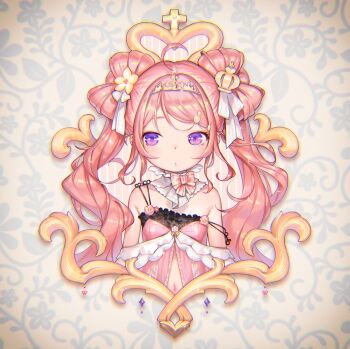  1girl ahoge bad_id bad_twitter_id bare_shoulders blush border bow closed_mouth detached_collar dot_mouth dot_nose floral_background hair_bow hair_ornament henreader kyou_kara_ore_wa_loli_no_himo! long_hair looking_at_viewer navel off_shoulder pink_hair purple_eyes solo tanzawa_chizuru tiara twintails upper_body  rating:Sensitive score:7 user:danbooru