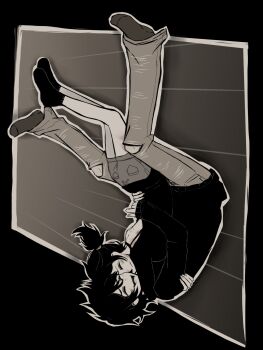  1boy 1girl 3: :d ^_^ andrew_graves ankle_socks anmo418 ashley_graves backless_shirt bare_legs black_border border breasts brother_and_sister bruise bruise_on_leg bruise_on_neck cheek-to-cheek chinese_commentary closed_eyes closed_mouth commentary_request denim denim_shorts dotted_line drop_shadow fingernails full_body grey_background greyscale hair_tie heads_together highres hug injury jeans long_sleeves low_ponytail monochrome mutual_hug no_shoes open_mouth outside_border pants ponytail puffy_long_sleeves puffy_sleeves raised_inner_eyebrows shirt short_hair shorts siblings simple_background sleeves_past_wrists small_breasts smile socks spot_color sweater the_coffin_of_andy_and_leyley tongue torn_clothes torn_jeans torn_pants upside-down 