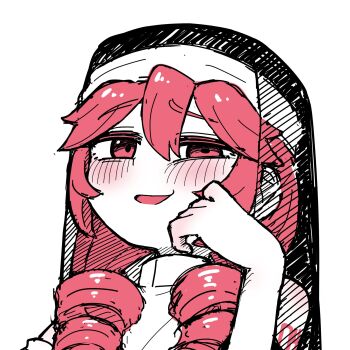  1girl arm_tattoo blush gomashio_lettuce hand_on_own_cheek hand_on_own_face head_rest highres kasane_teto kasane_teto_(utau) long_hair low_twintails open_mouth red_eyes red_hair simple_background sister_teto solo tattoo twintails upper_body utau veil white_background 