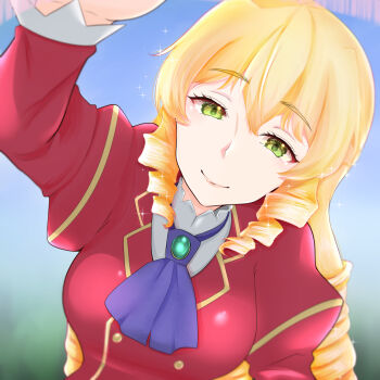  2girls akuyaku_reijou_tensei_ojisan anna_doll ascot blonde_hair breasts closed_mouth drill_hair eyebrows_hidden_by_hair grace_auvergne green_eyes hair_between_eyes head_tilt headpat highres jacket juliet_sleeves large_breasts lips long_sleeves looking_at_viewer minori-tei multiple_girls pink_hair pov puffy_sleeves purple_ascot red_jacket school_uniform shirt smile sparkle upper_body white_shirt 