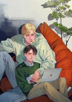  2boys black_hair blonde_hair blue_eyes blue_pants brown_pants chips_(food) collared_shirt commentary_request computer erwin_smith feet_out_of_frame food food_in_mouth green_sweater grey_eyes highres hood hood_down hoodie korean_commentary laptop levi_(shingeki_no_kyojin) macbook male_focus multiple_boys pants parted_bangs parted_lips pigxhunter pillow plant potato_chips shingeki_no_kyojin shirt shirt_under_sweater sweater white_hoodie white_shirt yaoi 