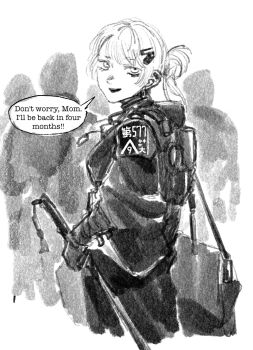  1girl alternate_hairstyle bags_under_eyes breasts commentary english_commentary gun hair_ornament hairclip highres holding holding_gun holding_weapon marie_(peripeteia) mn90047517 peripeteia short_hair sketch speech_bubble sword talking translation_request weapon 