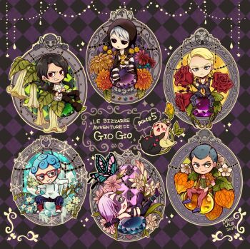  6+boys baby_face_(stand) black_hat blonde_hair blue_flower blue_gemstone blue_hair brown_pants check_flower chibi chibi_only chinese_lantern_(plant) colored_sclera copyright_name crossed_arms flower flower_request formaggio gem ghiaccio green_gemstone green_shoes grey_hair hat illuso jojo_no_kimyou_na_bouken leaf little_feat_(stand) lying man_in_the_mirror_(stand) mask melone metallica_(stand) morino_peko multiple_boys on_back osmanthus pants parted_lips pesci pink_flower pink_pants prosciutto_(jojo) purple_gemstone red-framed_eyewear red_eyes red_flower red_rose red_sclera risotto_nero rose shoes smile striped_clothes striped_pants the_grateful_dead_(stand) tongue tongue_out trumpet_creeper vento_aureo white_album_(stand) white_flower white_lily 