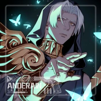  1boy anderain black_background bug butterfly closed_mouth commentary_request fingernails glowing_butterfly grey_hair hades_(series) hades_1 hood hood_up insect inset_border male_focus orange_eyes solo thanatos_(hades) upper_body watermark 