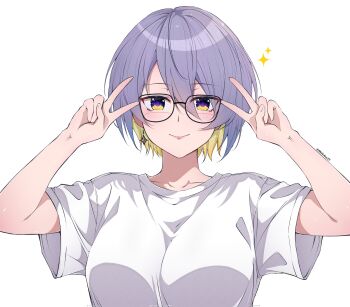  breasts colored_inner_hair commentary double_v earrings glasses gradient_hair highres hololive hololive_indonesia horisu_(kholiskun) jewelry large_breasts moona_hoshinova multicolored_eyes multicolored_hair palette_hair_ornament purple_hair shirt short_hair single_earring smile starry_hair t-shirt twitter_username v virtual_youtuber 