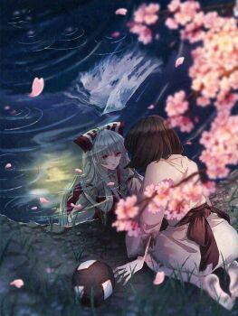  2girls black_sash blurry blurry_foreground bow cherry_blossoms commentary_request different_reflection dual_persona falling_petals flower fujiwara_no_mokou fujiwara_no_mokou_(young) gourd hair_bow highres japanese_clothes kimono long_hair long_sleeves mokoiscat multiple_girls obi pants petals pink_flower pond red_eyes red_pants reflection ripples sash shirt short_hair touhou very_long_hair white_bow white_hair white_kimono white_shirt 