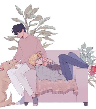  2boys a_co_pi ash_lynx banana_fish bespectacled black_cat black_hair blanket blonde_hair blue_pants brown_shirt cat closed_eyes commentary_request denim glasses grey_shirt hand_on_another's_head highres holding_hands jeans long_sleeves male_focus multiple_boys okumura_eiji pants plant red_shoes shirt shoes short_hair simple_background sitting sneakers white_background white_pants yaoi 