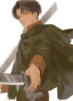  1boy absurdres black_hair brown_jacket cloak closed_mouth dual_wielding furrowed_brow green_cloak grey_eyes hair_between_eyes highres holding holding_weapon jacket levi_(shingeki_no_kyojin) looking_at_viewer male_focus pa_hoi2 parted_lips shingeki_no_kyojin short_hair sketch solo twitter_username weapon white_background 