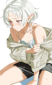  1girl absurdres blush collarbone commentary_request elf feet_out_of_frame highres hug jacket mushoku_tensei pointy_ears red_eyes rkgktomato short_hair simple_background sitting solo sweat sylphiette_(mushoku_tensei) white_background white_hair  rating:Sensitive score:9 user:danbooru