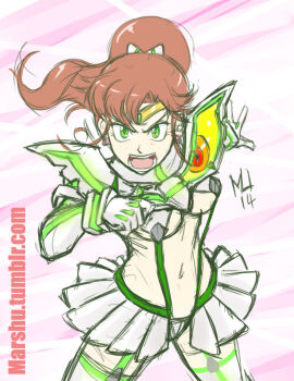  10s 1girl 2014 adapted_costume bishoujo_senshi_sailor_moon bishoujo_senshi_sailor_moon_crystal breasts brown_hair crossover elbow_gloves female_focus garter_straps gloves green_eyes highres kamui_(kill_la_kill) kill_la_kill kino_makoto koshimizu_ami large_breasts long_hair looking_at_viewer magical_girl matoi_ryuuko navel open_mouth ponytail sailor_jupiter sailor_senshi senketsu solo thighhighs tiara tumblr_username underboob voice_actor_connection watermark web_address white_gloves  rating:Questionable score:24 user:danbooru