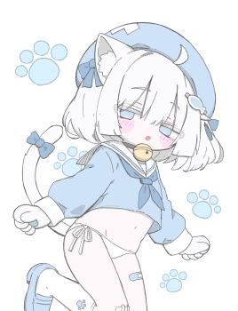  1girl :o ahoge animal_ear_fluff animal_ears animal_hands bandaid bandaid_on_leg bell bikini bikini_bottom_only black_collar blue_bow blue_eyes blue_hat blue_shirt blue_shoes blush_stickers bow cat_ears cat_girl cat_tail collar commentary_request cropped_shirt fang fish_hair_ornament gauze_on_knee gloves hair_bow hair_ornament hat highres izumi_(yura_izumi) leg_up loli long_sleeves looking_at_viewer midriff mixed-language_commentary multiple_hair_bows navel neck_bell no_pupils open_mouth original paw_gloves paw_print sailor_collar sailor_shirt shirt shoes short_hair side-tie_bikini_bottom socks solo swimsuit tail tail_bow tail_ornament white_background white_bikini white_gloves white_hair white_sailor_collar white_socks 