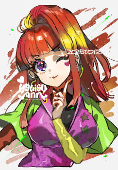  1girl blunt_bangs earrings gnosia hair_between_eyes heart heart_earrings heart_tattoo high_ponytail highres jewelry long_hair long_sleeves looking_at_viewer nail_polish ponytail red_hair simple_background smile solo sq_(gnosia) tattoo uguisu_ann upper_body 